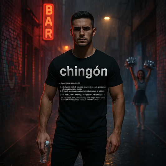 Man wearing Chingon t-shirt in alley with cheerleader – bold urban vibe / Hombre con playera Chingon en un callejón junto a una porrista – vibra urbana atrevida