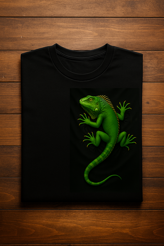 Black T-shirt folded on wood surface featuring a realistic green iguana design climbing – Playera negra doblada sobre superficie de madera con diseño realista de iguana verde trepando