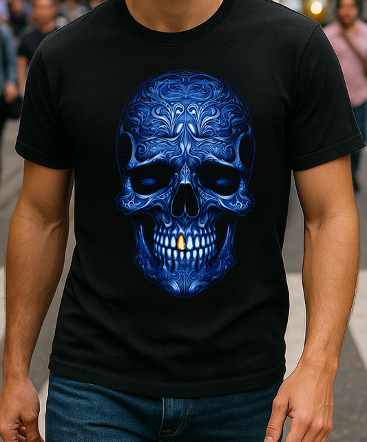 Close-up of black T-shirt with intricate blue skull design