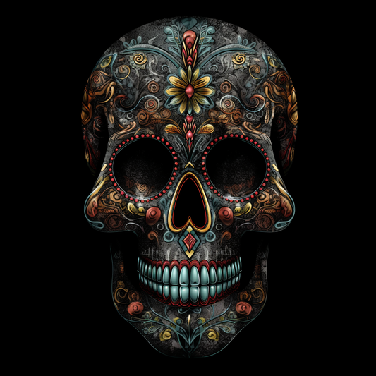 Mexican sugar skull illustration with ornate details, Day of the Dead inspired graphic on black background for streetwear t-shirt.