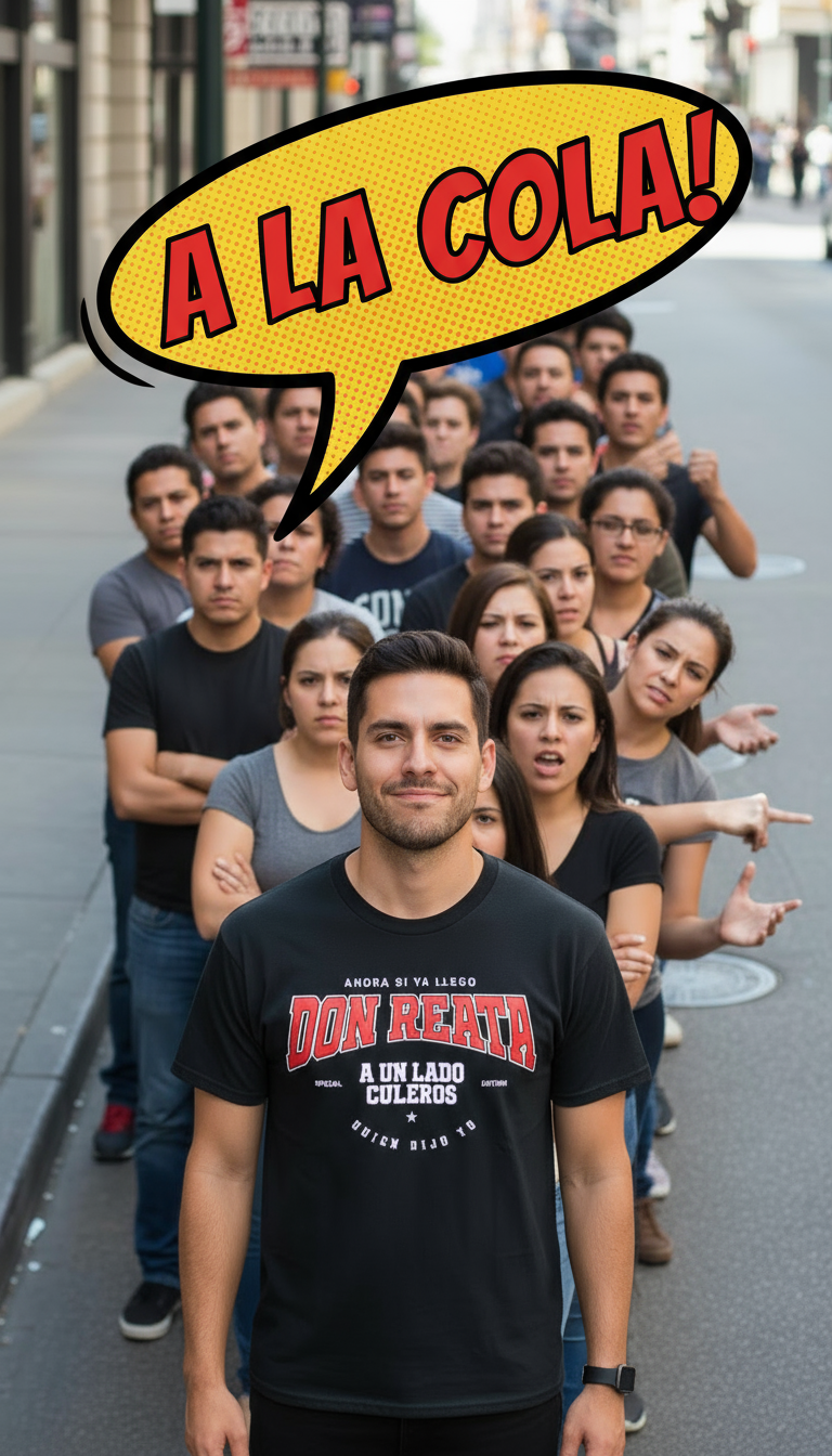 Man wearing KE CHINGÓN “Don Reata A Un Lado Culeros” T-shirt standing in front of a line of people with comic text “A LA COLA!”.