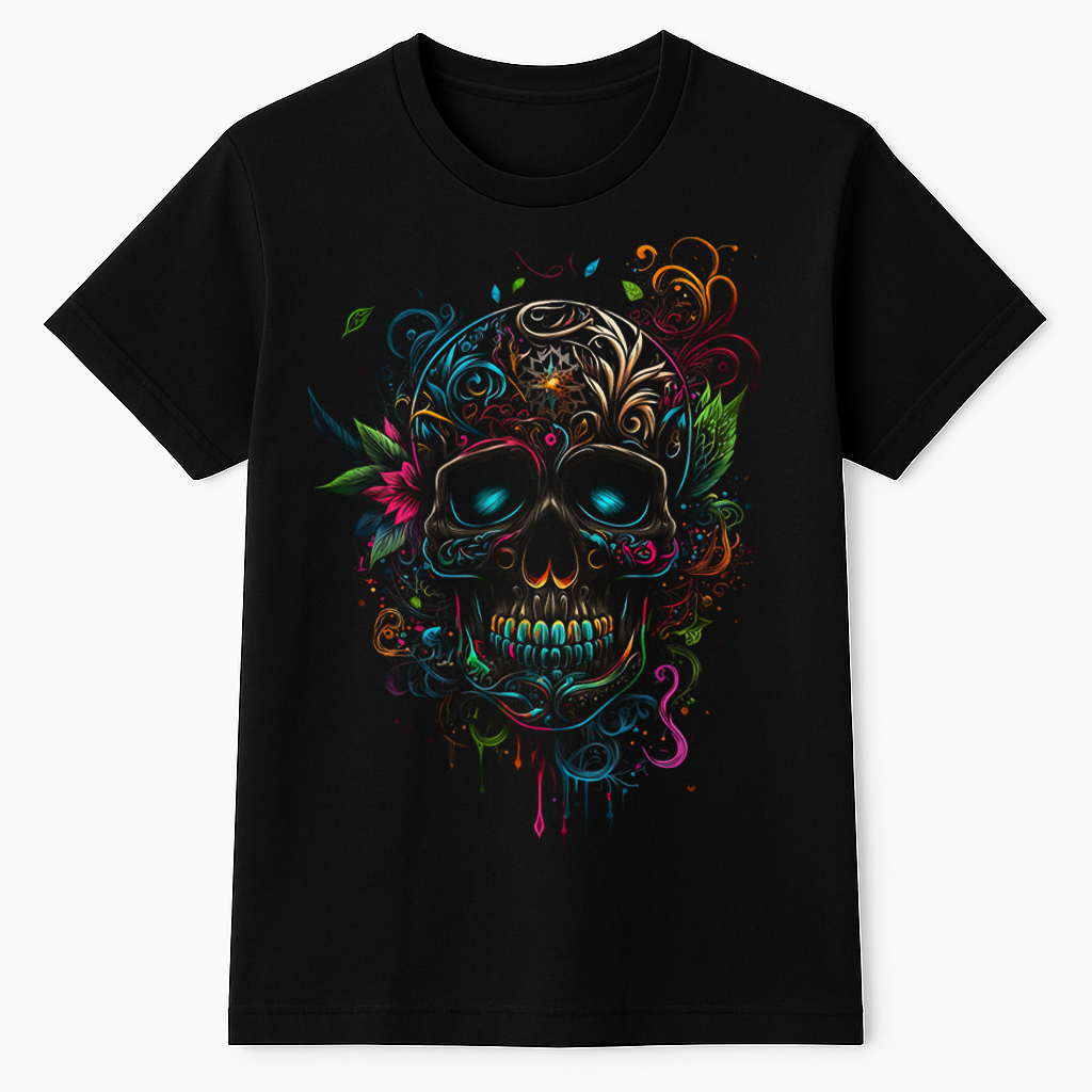 Flatlay of a black T-shirt with a colorful Mexican Folkloric Skull design, shown on a white background.
Camiseta negra con diseño de calavera folklórica mexicana colorida, vista en fondo blanco.