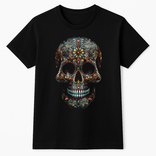 Black t-shirt with a colorful skull design on a white background