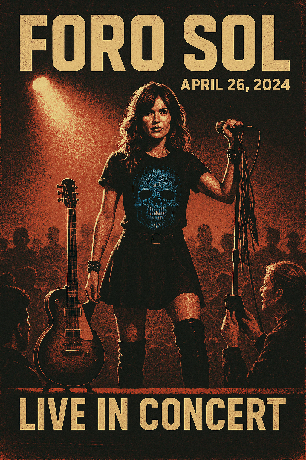 Vintage concert poster of female rock star wearing skull T-shirt at Foro Sol Cartel retro de concierto con mujer rockera usando playera de calavera en el Foro Sol