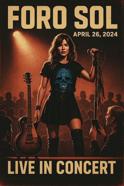 Vintage concert poster of female rock star wearing skull T-shirt at Foro Sol Cartel retro de concierto con mujer rockera usando playera de calavera en el Foro Sol