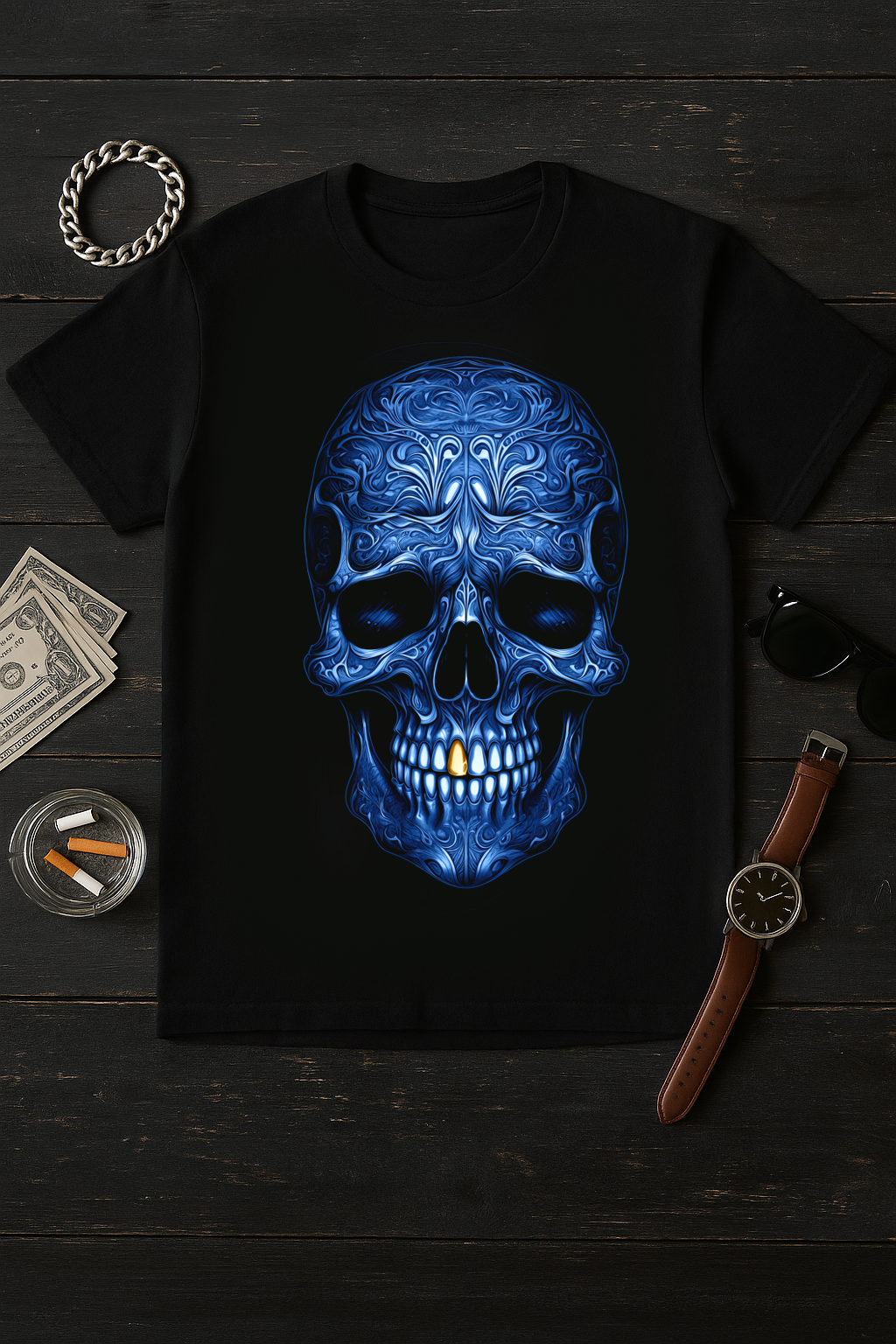 Black T-shirt with intricate blue skull design on rustic wood background