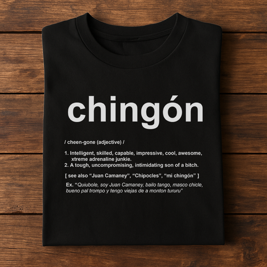 olded Chingon t-shirt with bold red lettering – flat lay display / Playera Chingon doblada con letras rojas audaces – vista desde arriba
