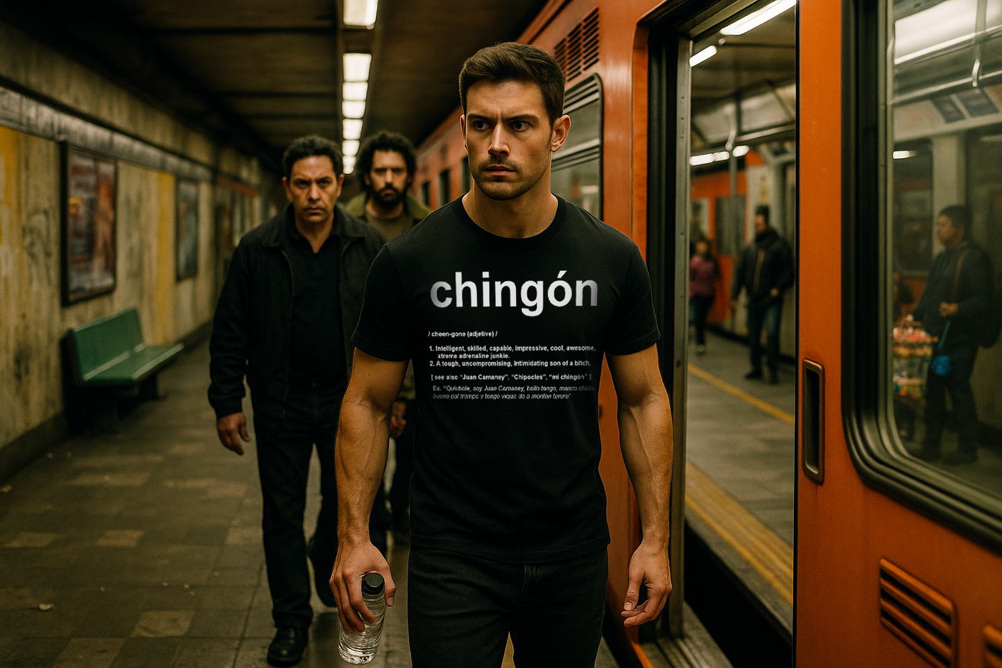 Man wearing Chingon t-shirt inside Mexico City metro – urban Latin streetwear / Hombre con playera Chingon dentro del metro de la CDMX – streetwear latino urbano