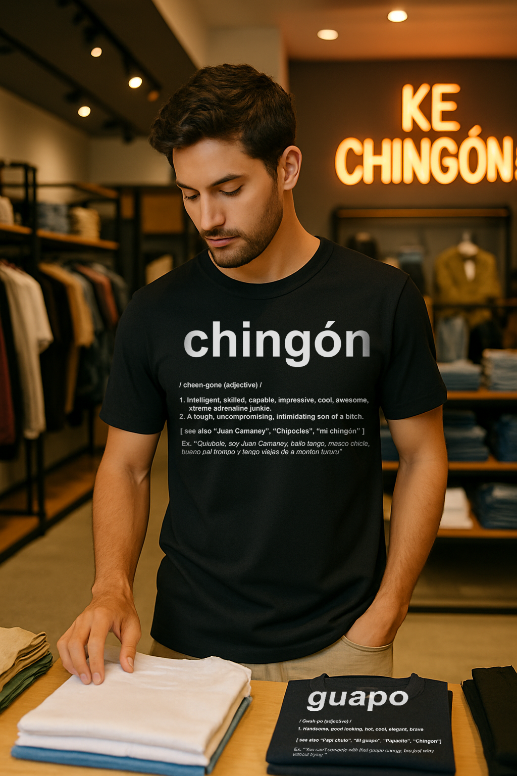Man wearing Chingon t-shirt browsing clothes at casual fashion store / Hombre con playera Chingon viendo ropa en tienda de moda casual