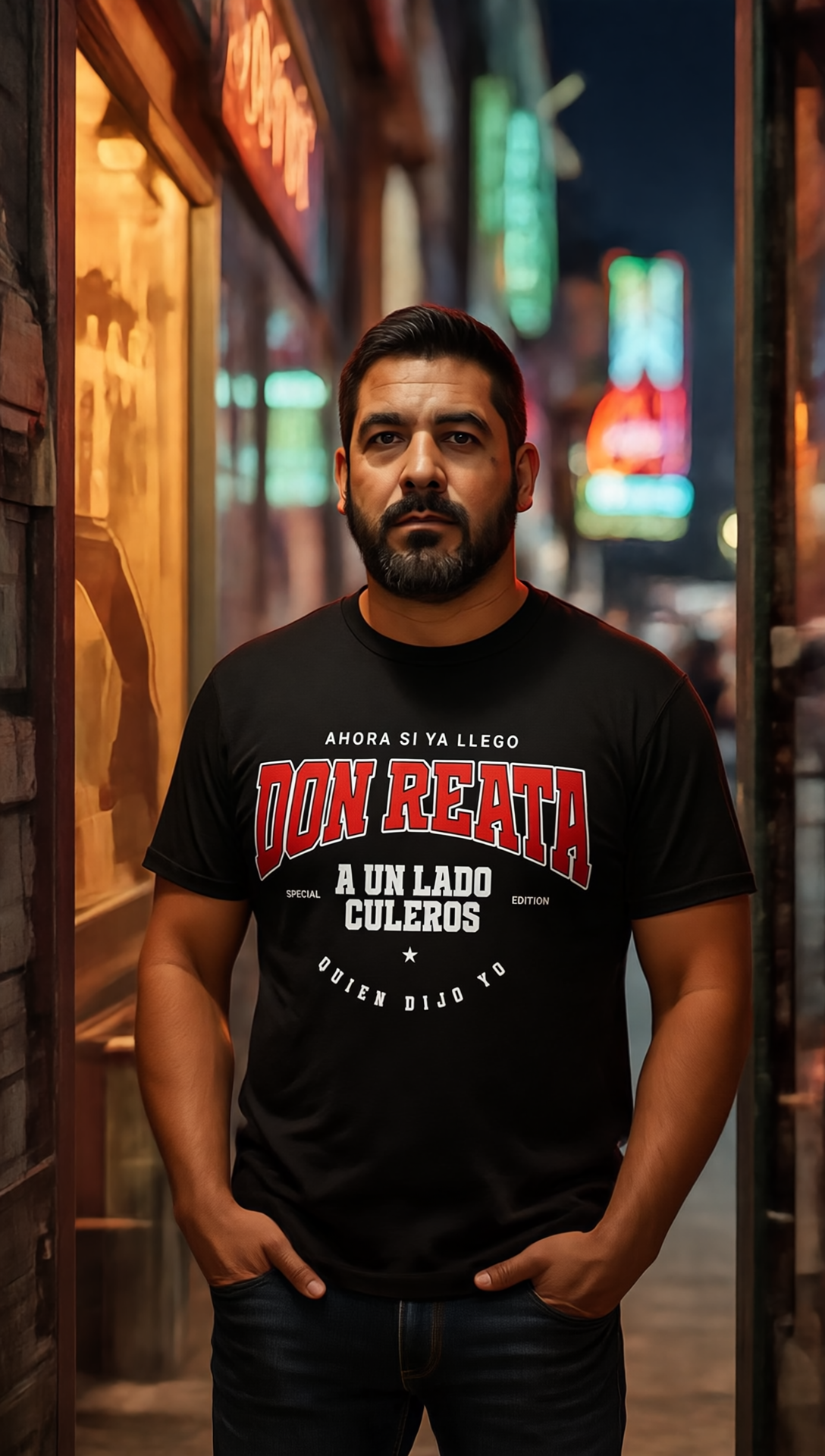 Orgullo mexicano y actitud KE CHINGÓN – camiseta negra “Don Reata” en calle urbana.