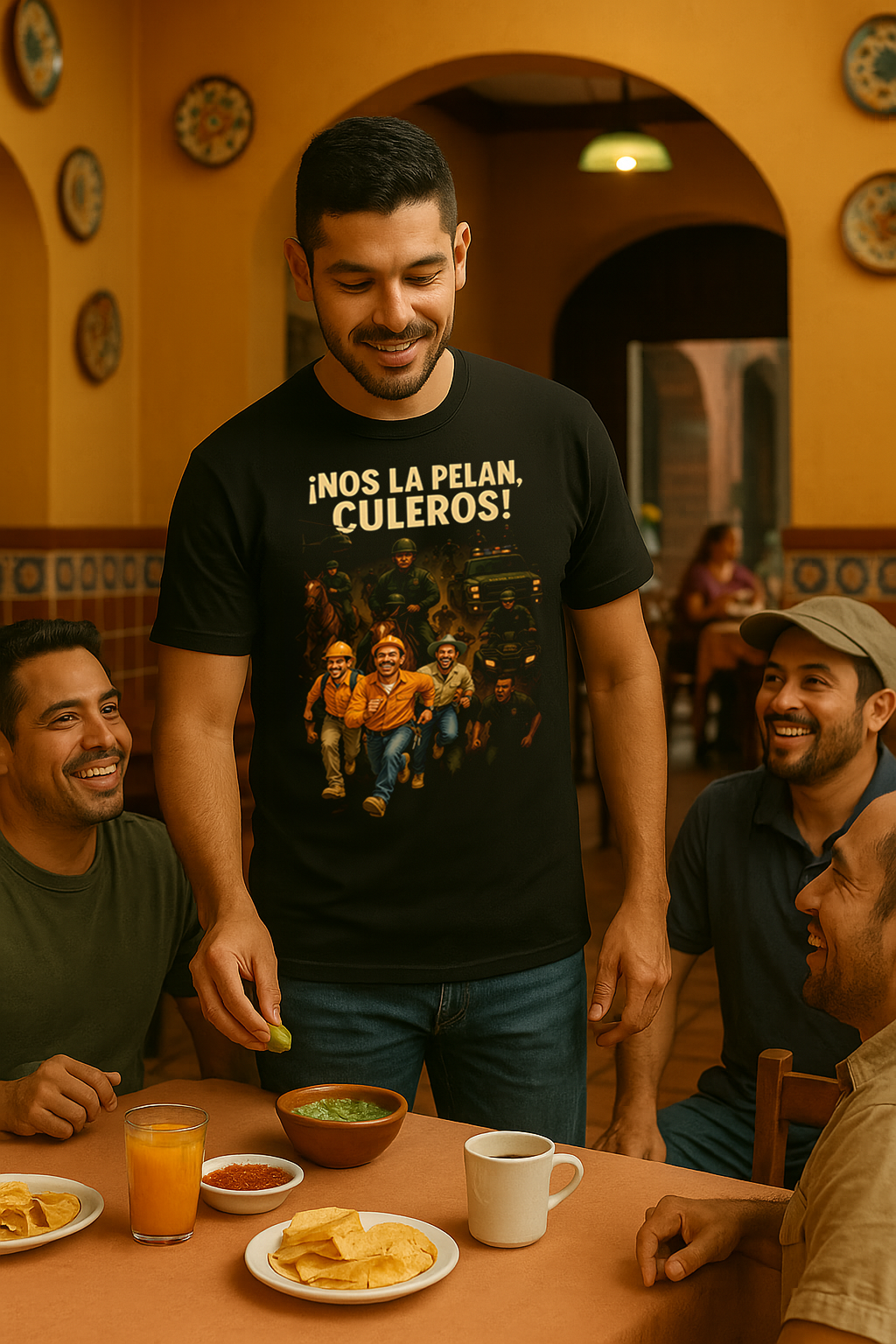 Young man reaching for salsa while wearing a clean black tee
Joven tomando salsa mientras viste una playera negra lisa

