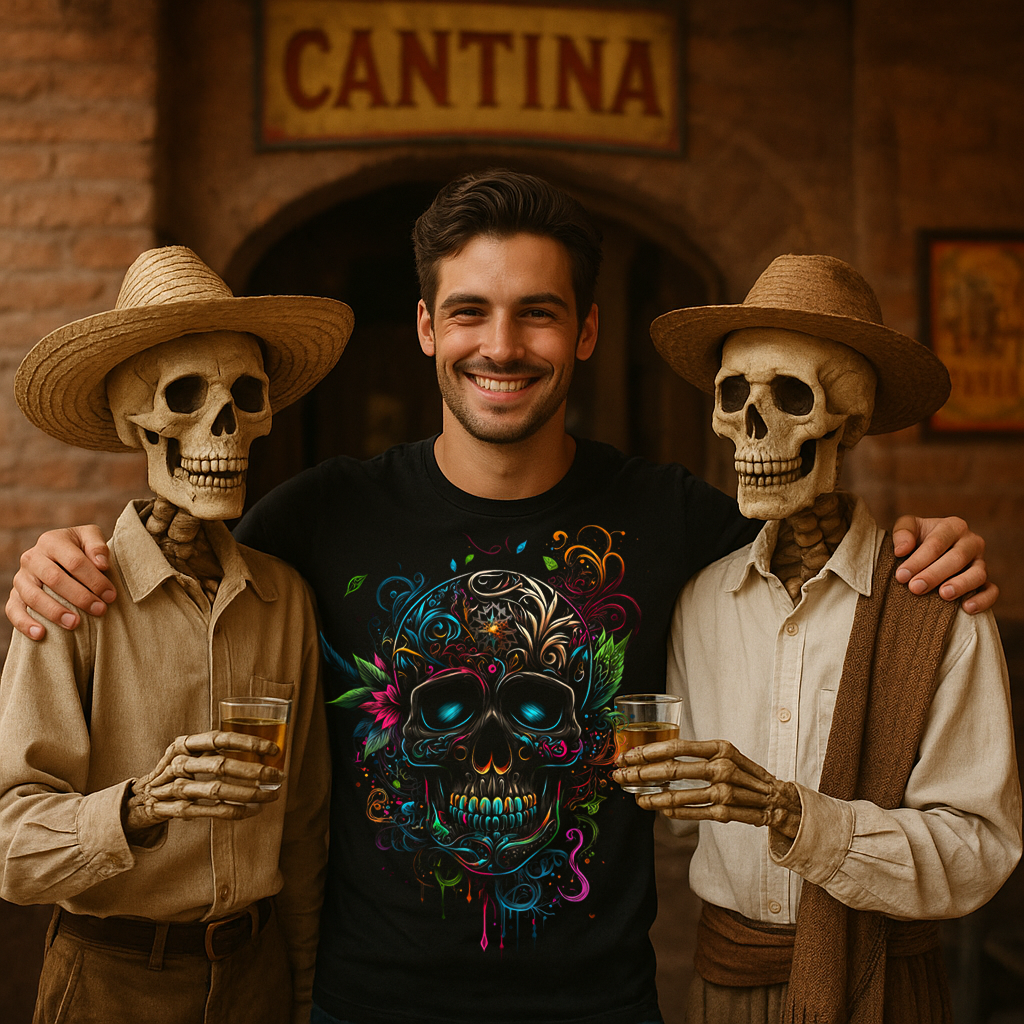 Man wearing a Mexican Folkloric Skull T-shirt smiling with two skeleton figures outside a cantina, all holding drinks.
Hombre con camiseta de calavera folklórica mexicana sonriendo junto a dos esqueletos frente a una cantina, todos con tragos en la mano.