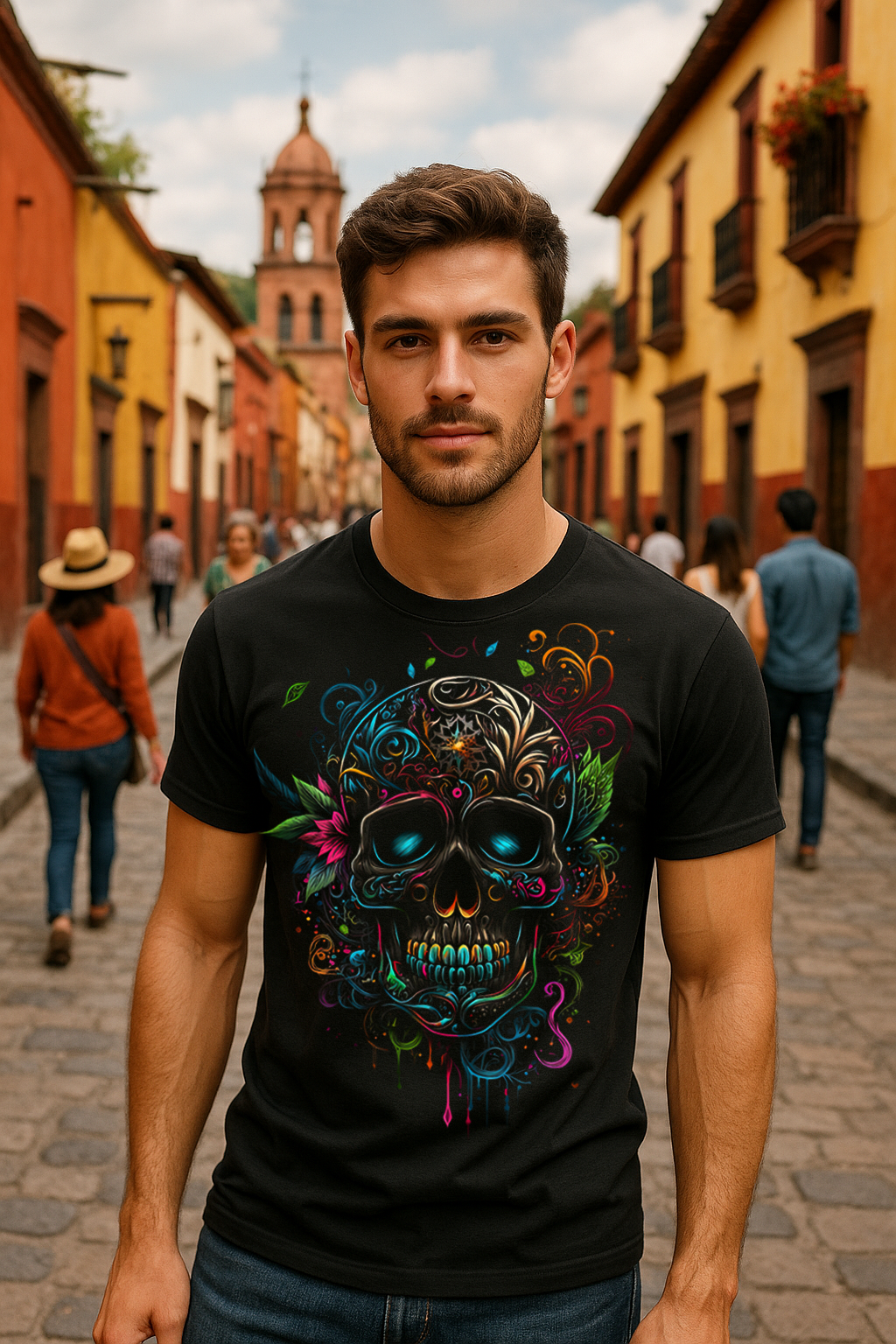 Man wearing Mexican Folkloric Skull T-shirt in a colorful colonial street with a church tower in the background.
Hombre usando camiseta de calavera folklórica mexicana en una calle colonial con torre de iglesia al fondo.