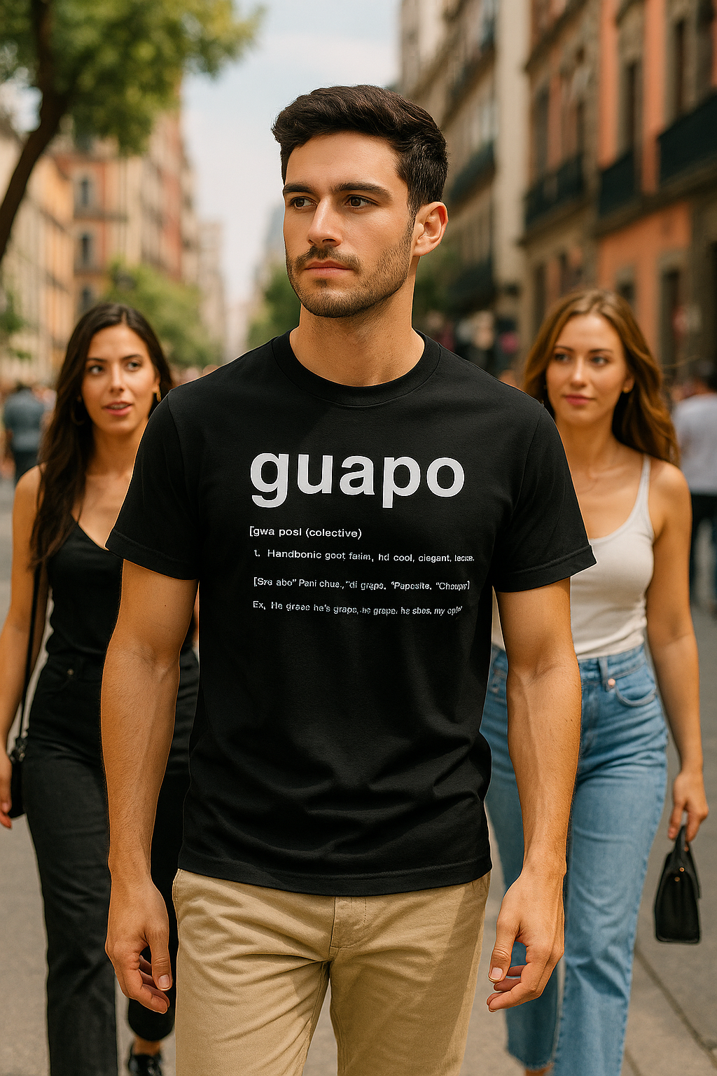 Stylish man wearing KE CHINGÓN t-shirt walking in Mexico City followed by two women / Hombre con playera KE CHINGÓN caminando por CDMX seguido por dos mamacitas
