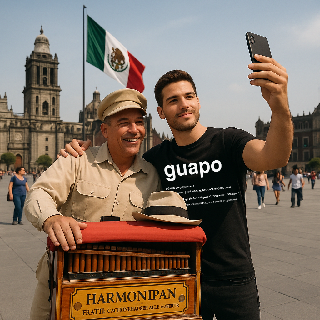 Selfie of model wearing KE CHINGÓN shirt at Zócalo in Mexico City / Selfie del modelo con playera KE CHINGÓN en el Zócalo de la Ciudad de México