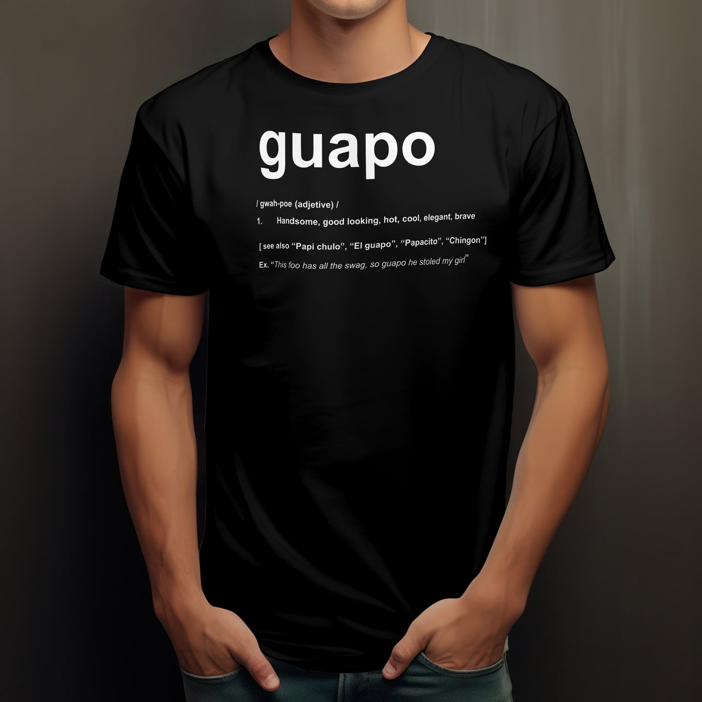 Model wearing KE CHINGÓN t-shirt with confident look / Modelo usando playera KE CHINGÓN con mirada segura