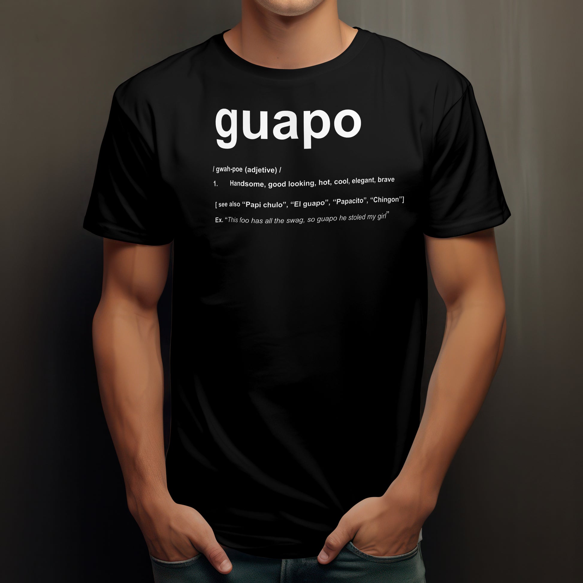 Model wearing KE CHINGÓN t-shirt with confident look / Modelo usando playera KE CHINGÓN con mirada segura