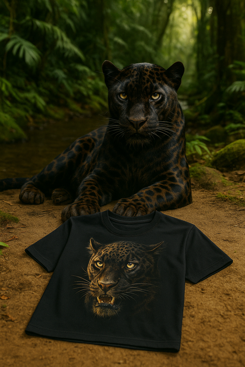 Black jaguar guarding t-shirt with identical jaguar face printed on it
Jaguar negro resguardando camiseta con el mismo rostro de jaguar impreso
