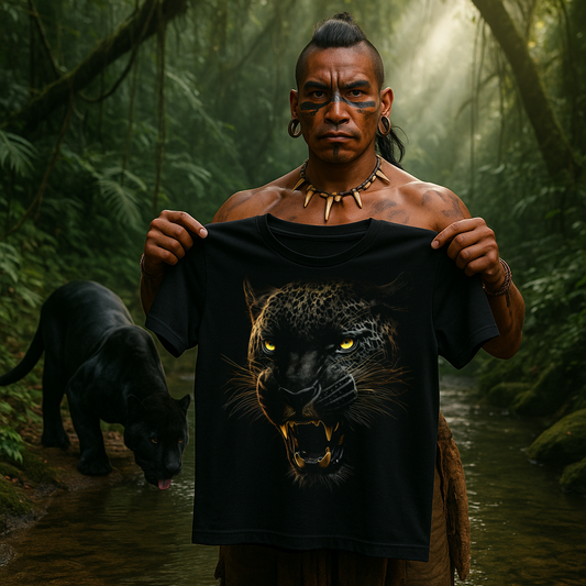 T-shirt with aggressive jaguar print held by tribal man, wild panther walking behind
Camiseta con diseño de jaguar agresivo sostenida por hombre tribal, pantera salvaje al fondo