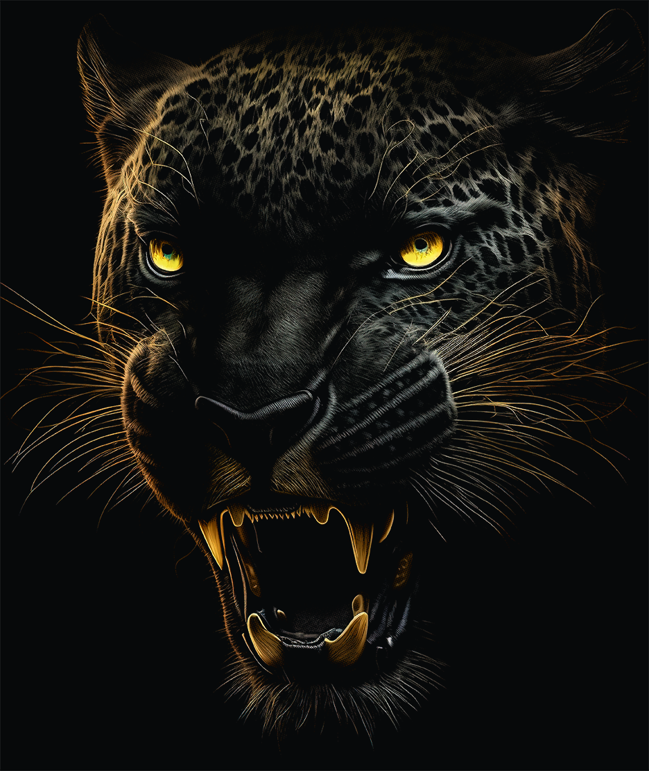 English: Close-up illustration of a roaring black jaguar with glowing yellow eyes and sharp golden fangs, set against a black background
