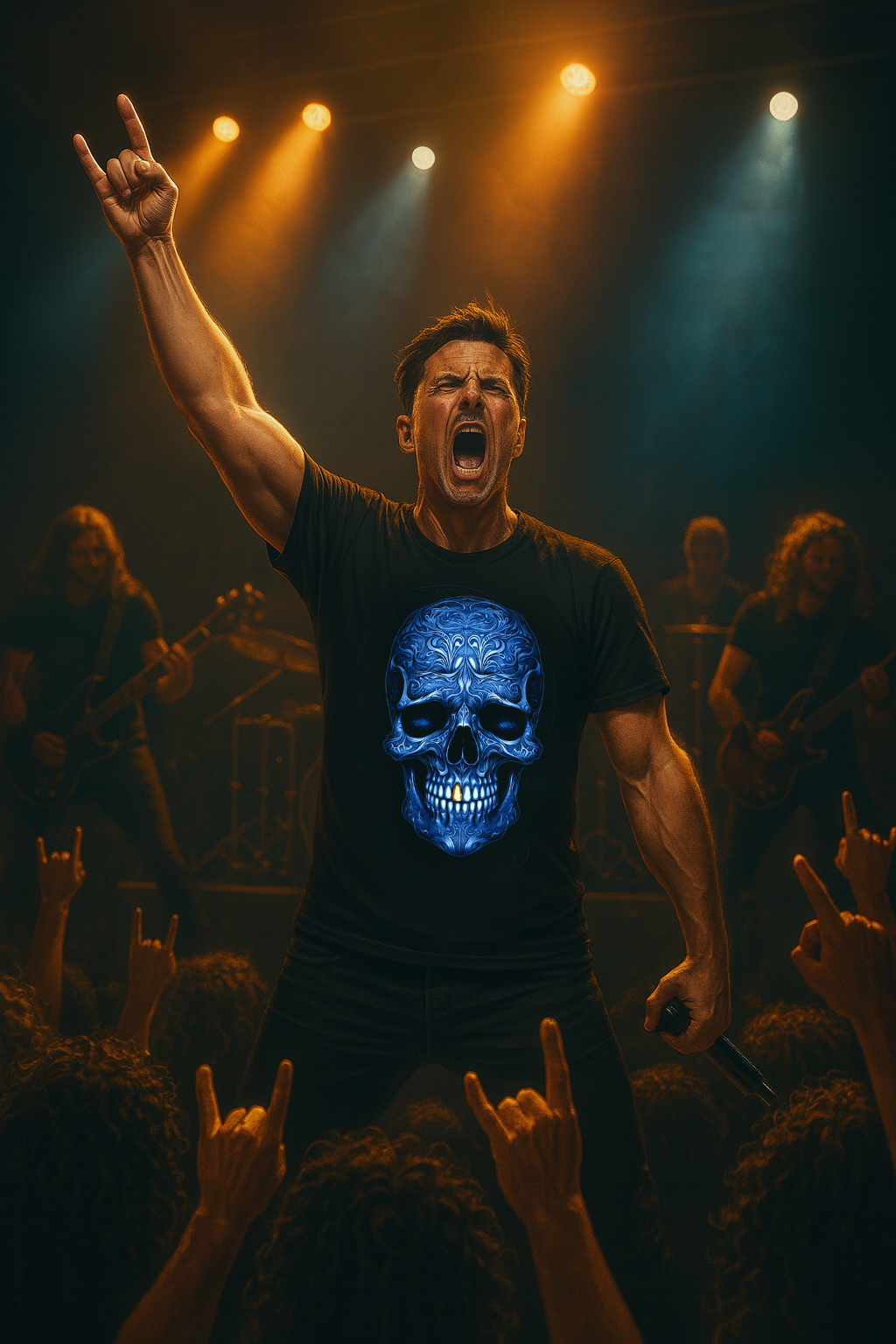 Rock singer on stage wearing black T-shirt with blue tribal skull