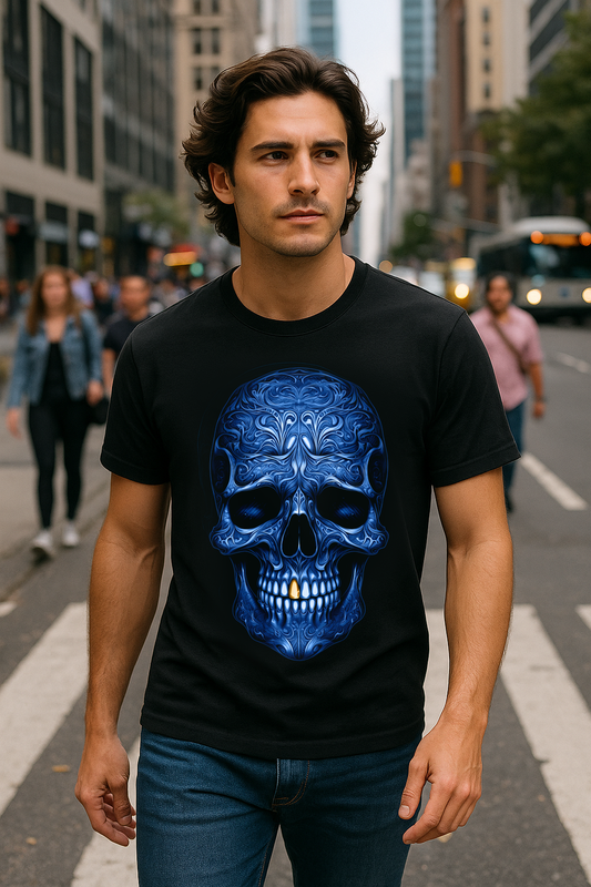 Street fashion with gothic blue skull print on black tee in Mexico City