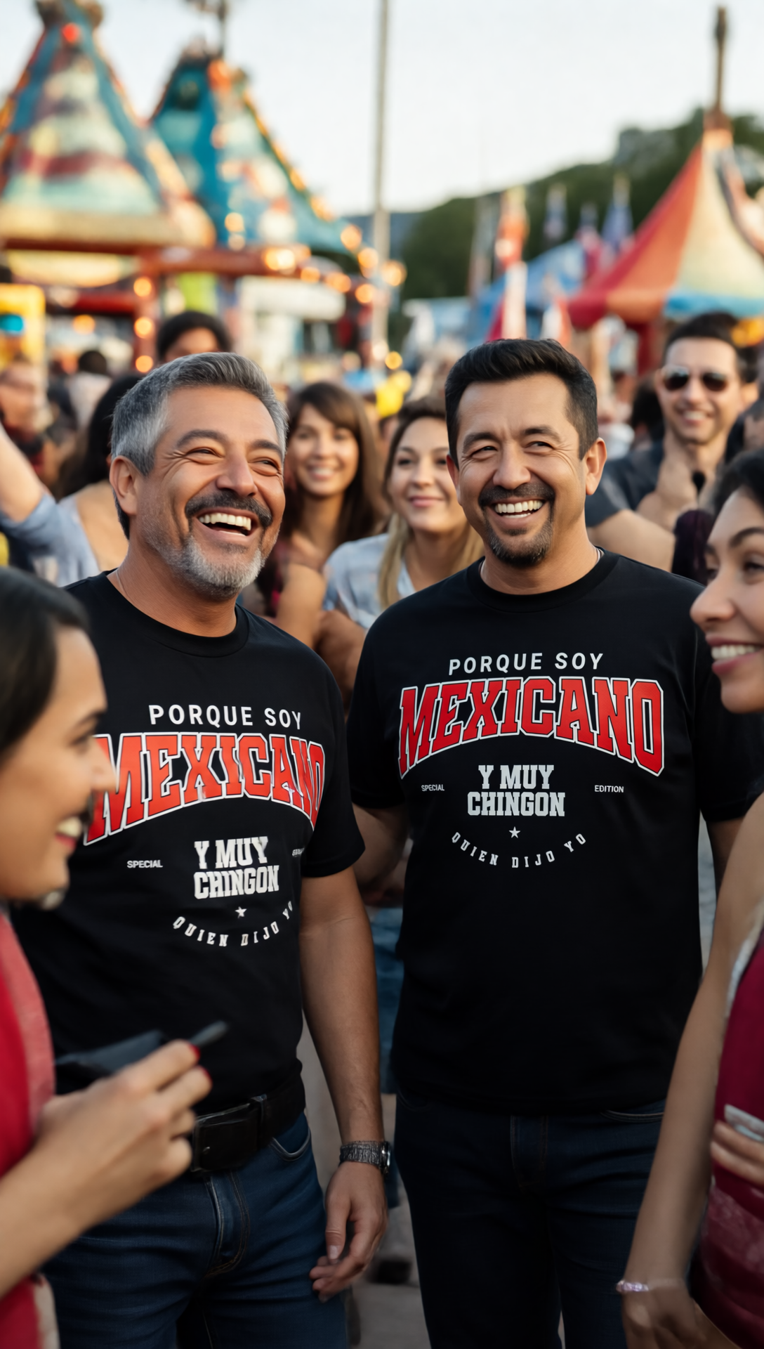 Two men wearing KE CHINGÓN T-shirts “Porque Soy Mexicano y Muy Chingón” smiling at Mexican fair.