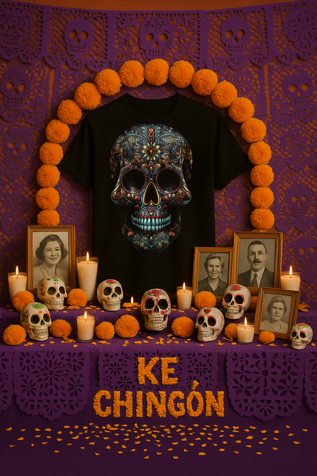 A Día de Muertos altar featuring a black t-shirt with a vibrant sugar skull design, surrounded by marigold flowers, lit candles, traditional paper cut decorations, and framed black-and-white portraits of family ancestors. Painted sugar skulls rest on the purple altar cloth, which spells out “KE CHINGÓN” in cempasúchil petals.

Un altar de Día de Muertos con una camiseta negra que muestra una calavera de azúcar colorida, rodeada de flores de cempasúchil, velas encendidas, papel picado tradicional y retratos 