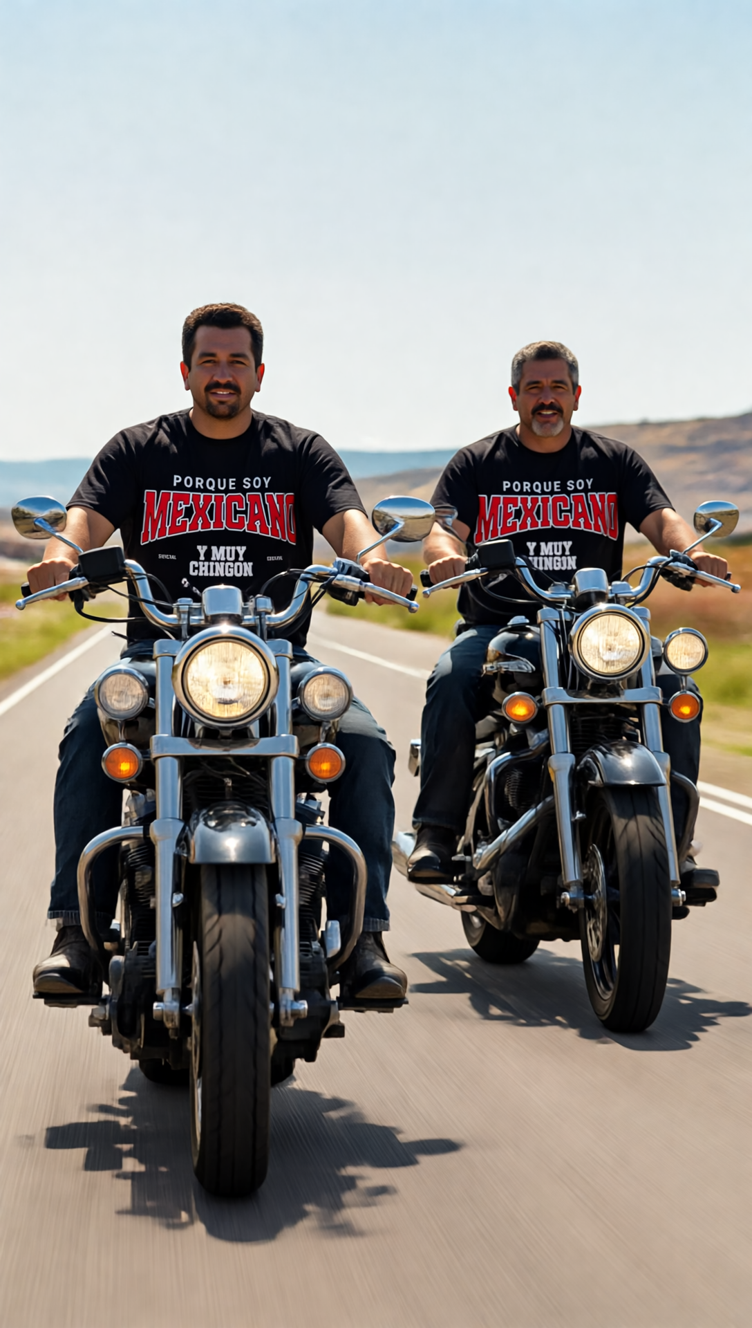 Two men riding motorcycles wearing KE CHINGÓN “Porque Soy Mexicano y Muy Chingón” T-shirts