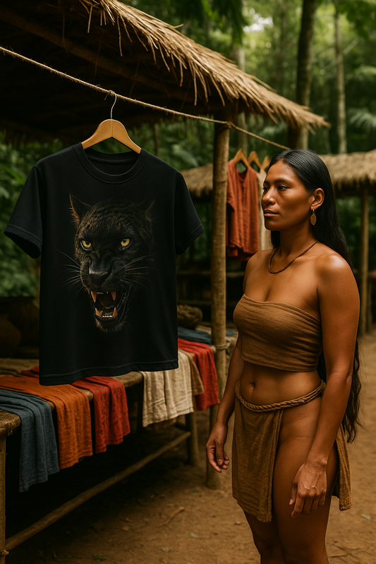 Jungle artisan market scene with native woman and fierce black panther t-shirt
Escena de mercado artesanal en la selva con mujer nativa y camiseta de pantera feroz
