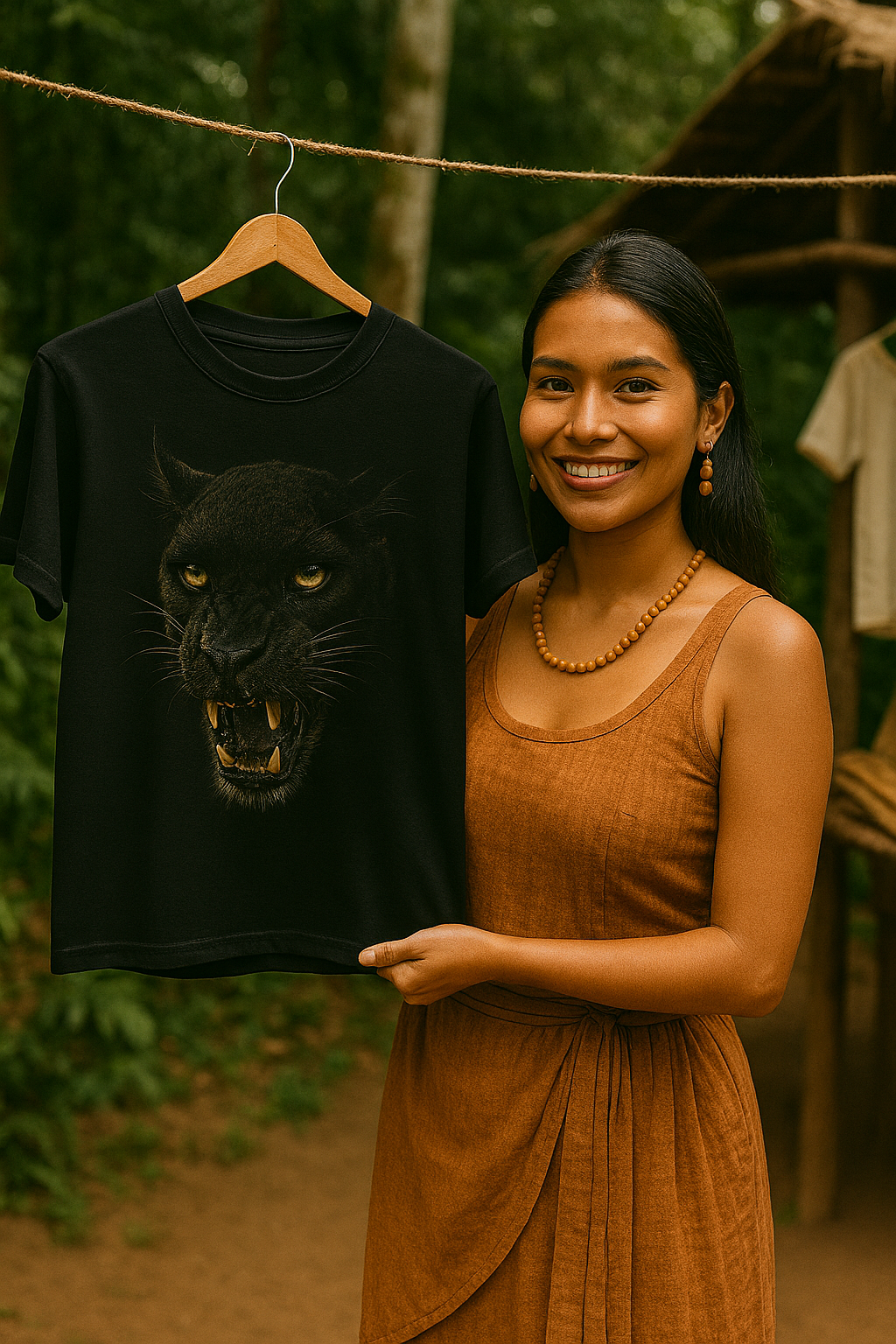 Smiling indigenous woman holding a black t-shirt with fierce panther face in jungle setting
Mujer indígena sonriendo mientras sostiene camiseta negra con rostro de pantera en entorno selvático