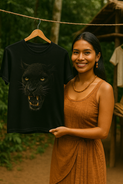 Smiling indigenous woman holding a black t-shirt with fierce panther face in jungle setting
Mujer indígena sonriendo mientras sostiene camiseta negra con rostro de pantera en entorno selvático