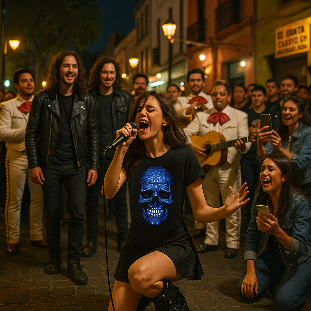 Outdoor night performance with mariachi and woman in dark T-shirt in Garibaldi Mexico City