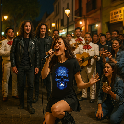Outdoor night performance with mariachi and woman in dark T-shirt in Garibaldi Mexico City