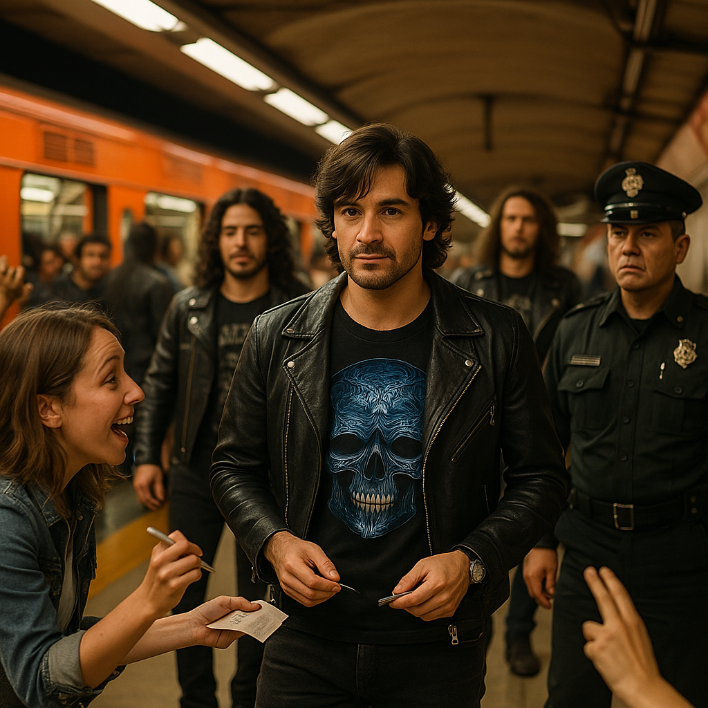 Rock band lead in leather jacket signing autographs in Mexico City subway