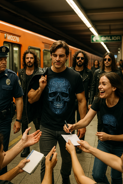 Man in tribal skull T-shirt walking confidently through Mexico City subway