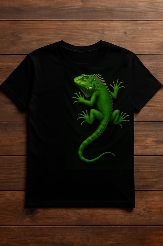 Realistic green iguana printed on t-shirt – reptile-style streetwear
Playera con diseño de iguana realista – estilo reptil urbano