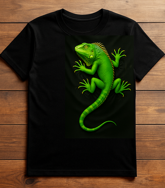 Black tee featuring a detailed green iguana design laid flat on a wooden background