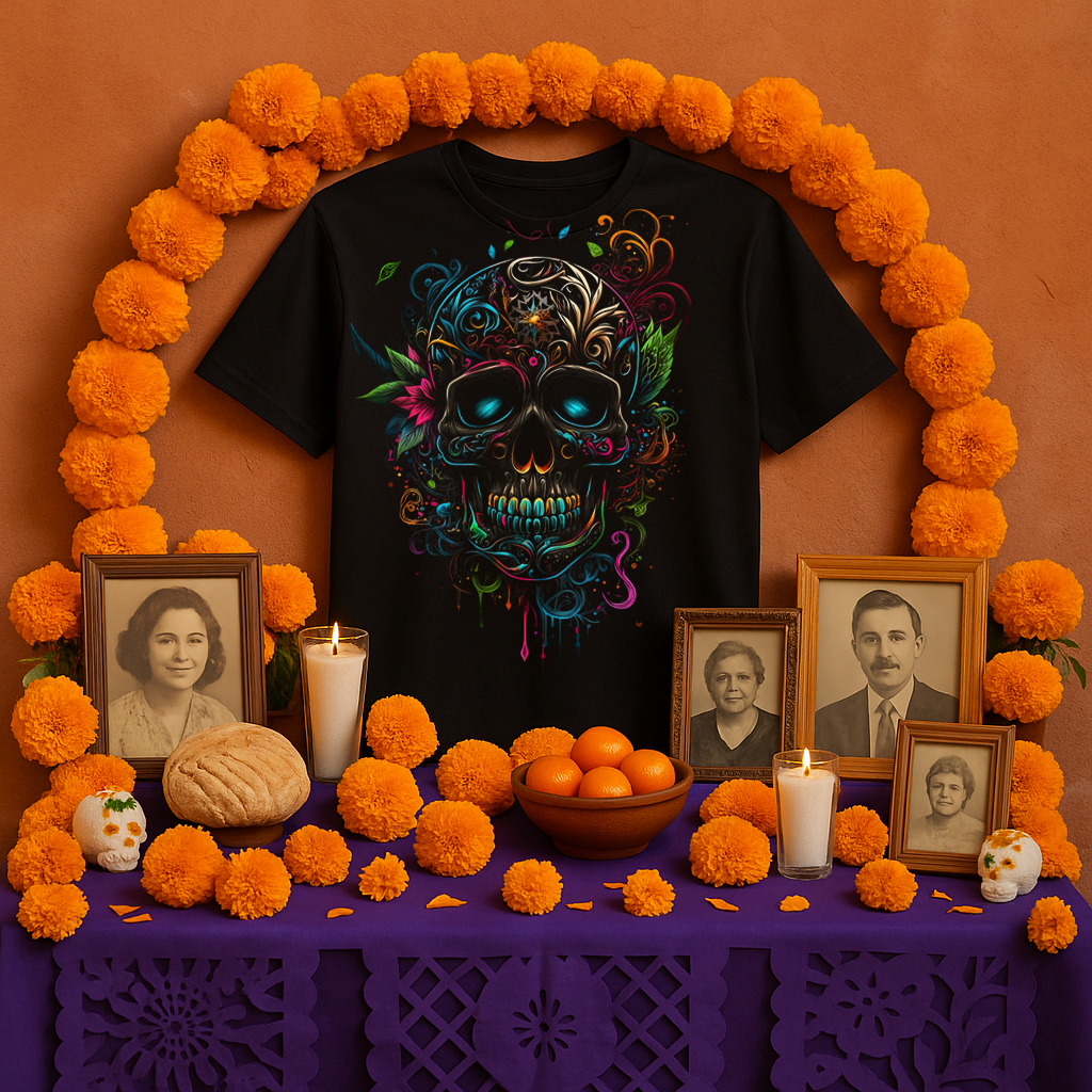 Mexican Folkloric Skull T-shirt displayed on a Día de Muertos altar with marigolds, candles, photos, and offerings.
Camiseta de calavera folklórica mexicana colocada en un altar de Día de Muertos con flores de cempasúchil, velas, fotos y ofrendas.