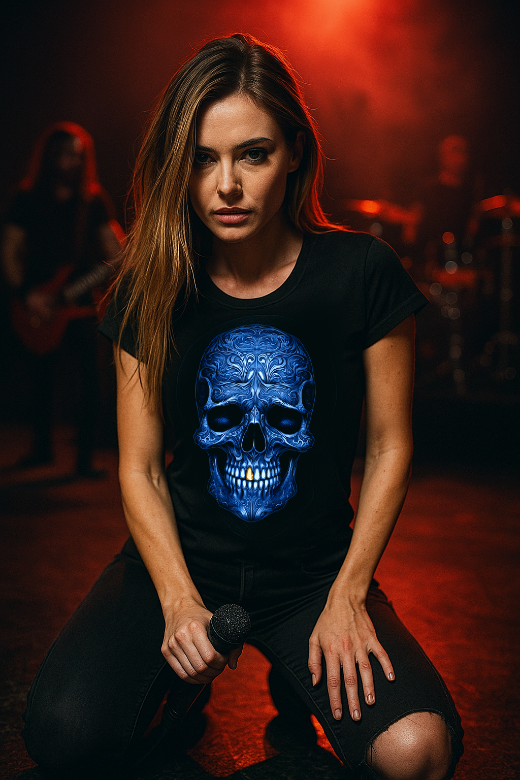 Female rock singer kneeling on stage in tribal skull T-shirt