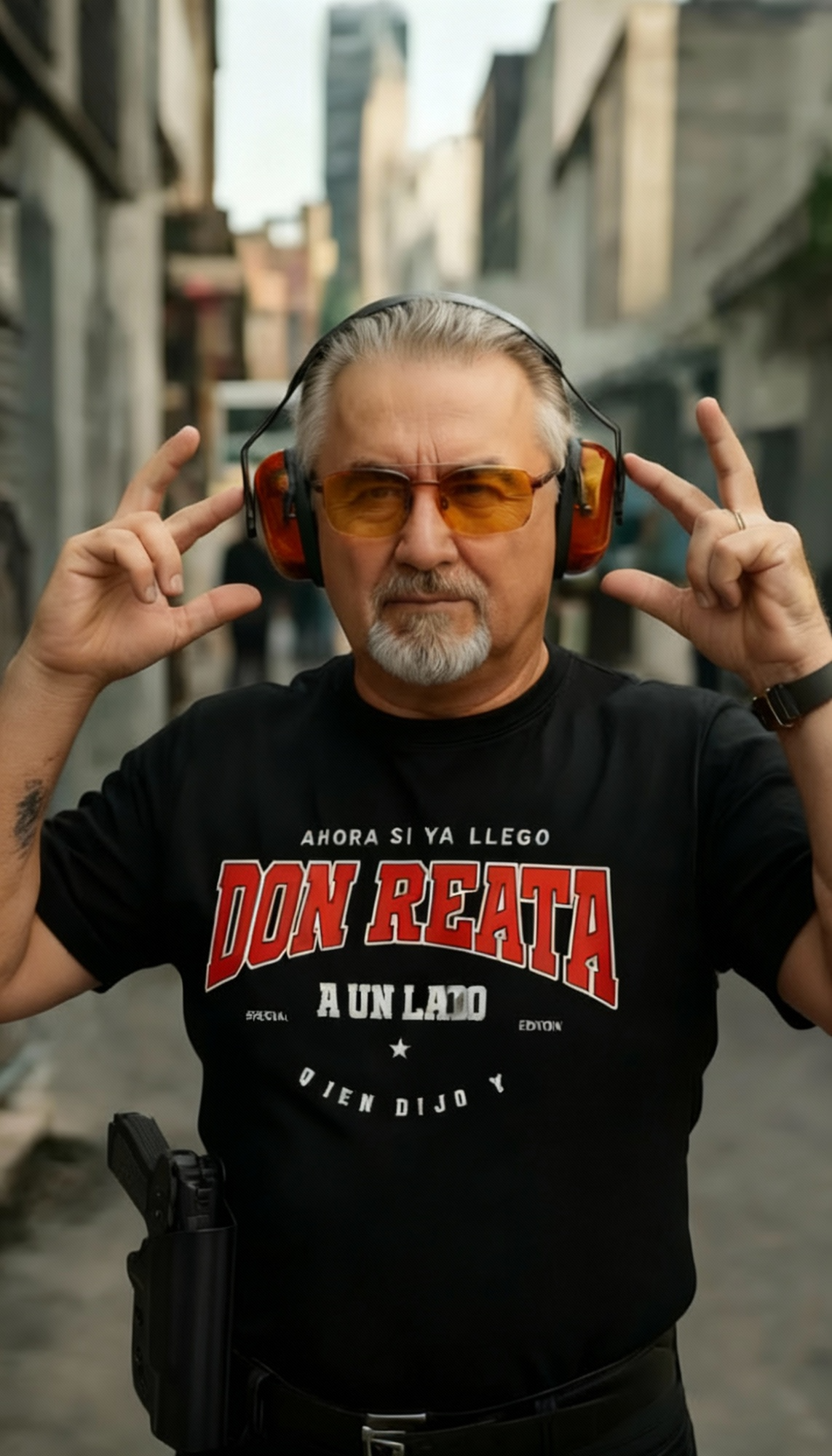 Santiago Cohen, founder of KE CHINGÓN, wearing “Don Reata – A Un Lado Culeros” T-shirt at tactical shooting range.
